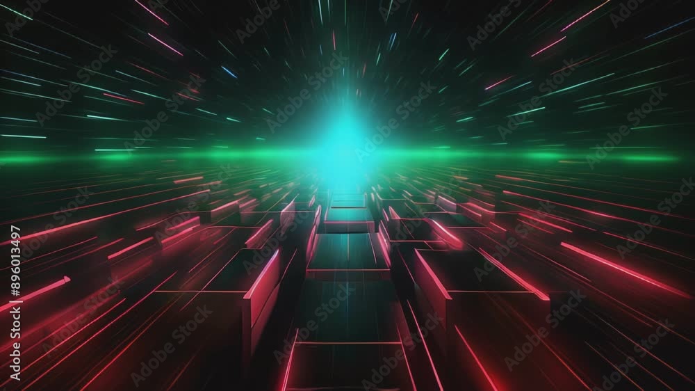 Poster zoom in of a bright blue light at the end of a tunnel made of dark cubes, with red and green lights 