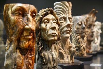 Intricate Wooden Sculptures Showcasing Human Faces and Expressions