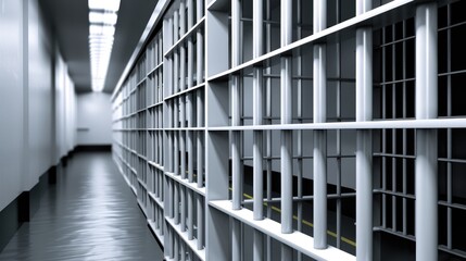 Fototapeta premium A long, white corridor in a prison with barred cell doors and a yellow line running down the center