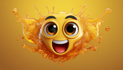  3d cartoon beer splash cute eyes on isolate yellow background; concept of fun and entertainm