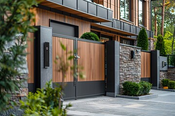 Modern Entrance Gate with Stylish Wood and Stone Design
