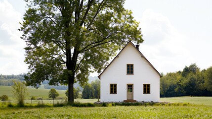 Obraz premium A simple manor house with white walls, wooden windows and an open space under the sky, symbolizing peace and harmony with nature. Perfect for content about rural life and sustainability.