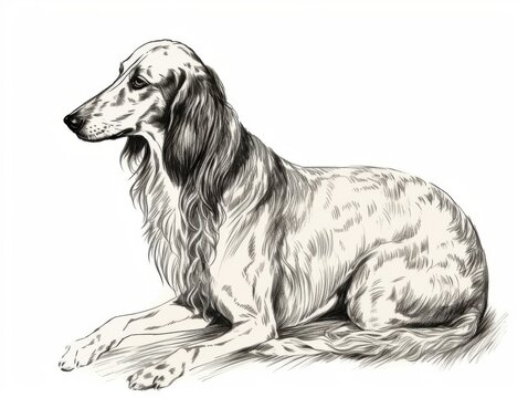 recommend clip art: Black and white Vintage engraved art of a Saluki isolated on white background, ink sketch illustration, simple vector art design, highly detailed line art, high contrasty