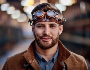 Fototapeta premium Portrait of Cosplay Man Wearing Steampunk Goggles