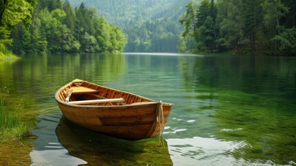 Fototapeta premium Scenic view of a wooden rowing boat on a calm green lake, highlighting serenity and picturesque surroundings