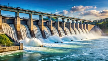 Front view of a hydroelectric dam with energy flow, showcasing renewable power