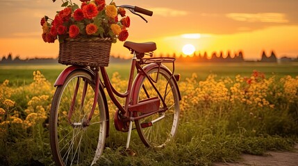 Naklejka premium A vintage bicycle with a vibrant bouquet in its basket