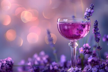 Refreshing Lavender Drink Surrounded by Blossoms and Soft Bokeh Lights