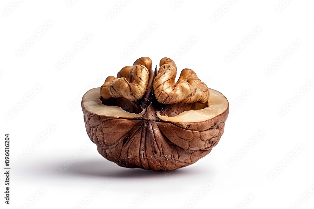 Poster a close-up of a halved walnut showcasing its intricate inner structure
