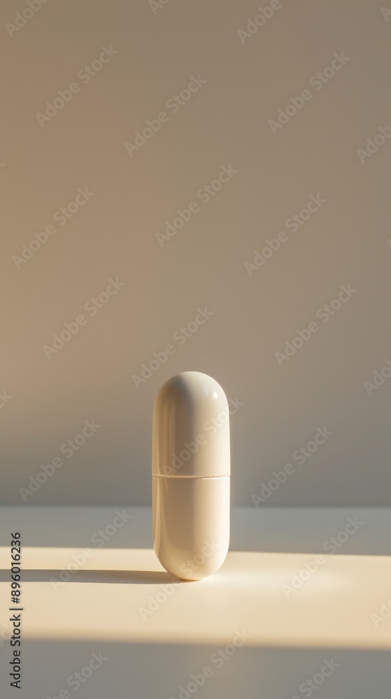 Poster elegant white capsule shaped container with minimalist design, natural lighting. modern simplicity c