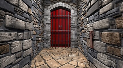 A close-up view of black metal bars looking into a hallway, with a glass roof and blurry white walls on either side