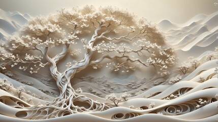 Digital art piece that appears to be landscape tree center white