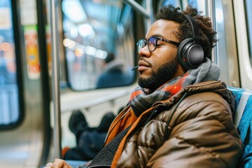 Man with glasses and headphones, wearing a scarf and jacket, relaxing on a train seat