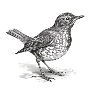 recommend clip art: Black and white Vintage engraved art of a thrush isolated on white background, ink sketch illustration, simple vector art design, highly detailed line art, high contrasty