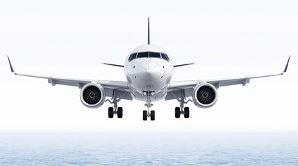 Naklejka premium A modern wide-body passenger airliner flying in a clear blue sky, photorealistic, highly detailed, isolated on white background