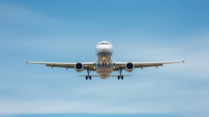 Obraz premium Wide body passenger airliner soaring through a clear blue sky, showcasing modern aviation technology and freedom of travel, ideal for commercial aviation ads.
