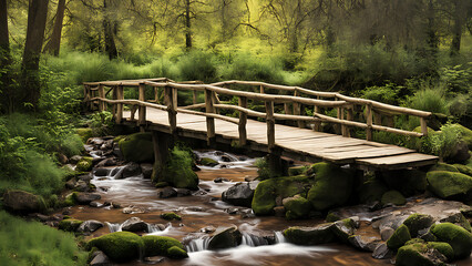 Rustic wooden bridge spans over a babbling brook, surrounded by lush greenery