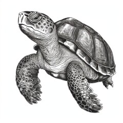 Fototapeta premium Black and white Vintage engraved art of a turtle portrait isolated on white background, ink sketch illustration, simple vector art design, highly detailed line art, high contrasty 