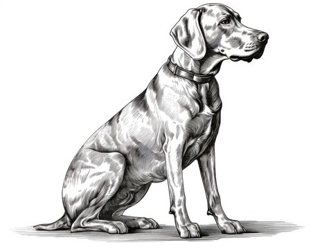 recommend clip art: Black and white Vintage engraved art of a Weimaraner isolated on white background, ink sketch illustration, simple vector art design, highly detailed line art, high contrasty