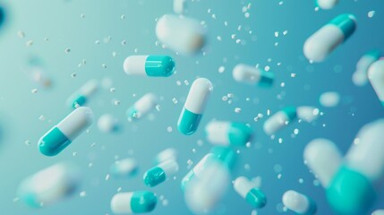 Turquoise and white medical pills falling on blue background, representing healthcare and pharmaceuticals. Ideal for health related projects. Close up view with copy space