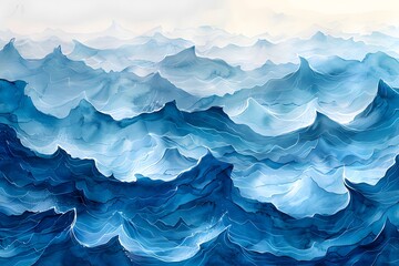 Obraz premium Serene Blue Waves: A Beautiful Watercolor Ocean Landscape