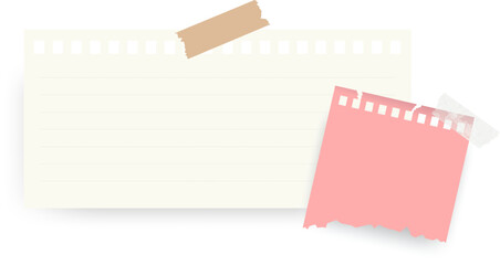 Paper notes, notebook pages, stickers and photo card frame. Paper notes with transparent adhesive tape and paper clip. Vector EPS 10