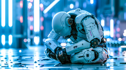 Fototapeta premium Futuristic robot experiencing sadness in urban environment