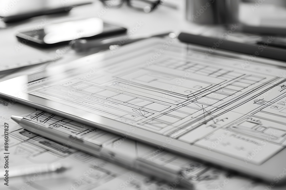 Poster architectural blueprints and design tools on a workspace