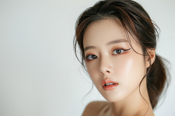 Fototapeta premium 4 A 20-year-old Korean model with a perfect cat-eye eyeliner look, holding mascara, solid background, studio lighting,