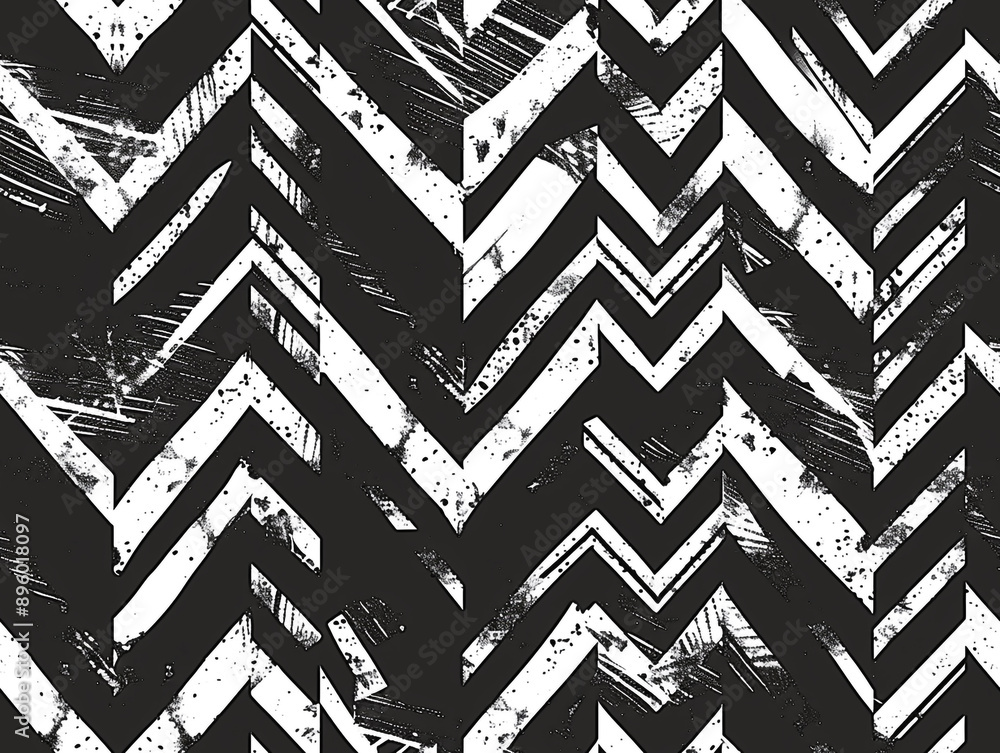 Poster a hand-drawing pattern of black and white lines in the form of triangles, chevron and zigzag style.