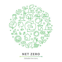 Net zero line icon collection. Eco, carbon footprint, CO2 neutral, solar energy, wind power, renewable energy outline icon set. UI thin outline icons pack.