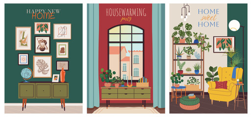 Housewarming party invitation or greeting card set. Living room interior scene, furniture in mid-century modern style. New home, place to live in celebration. Flat postcard, banner vector illustration