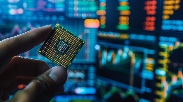 fingers holding semiconductor censor chip with blurred industry stock market data background.