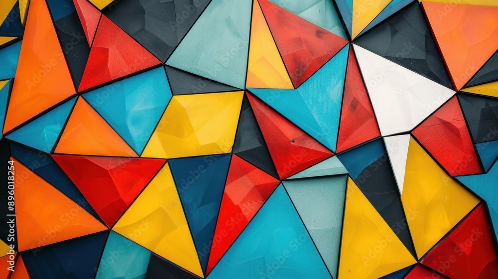 Poster a bold and graphic pattern of overlapping triangles, each filled with a contrasting color, exuding e