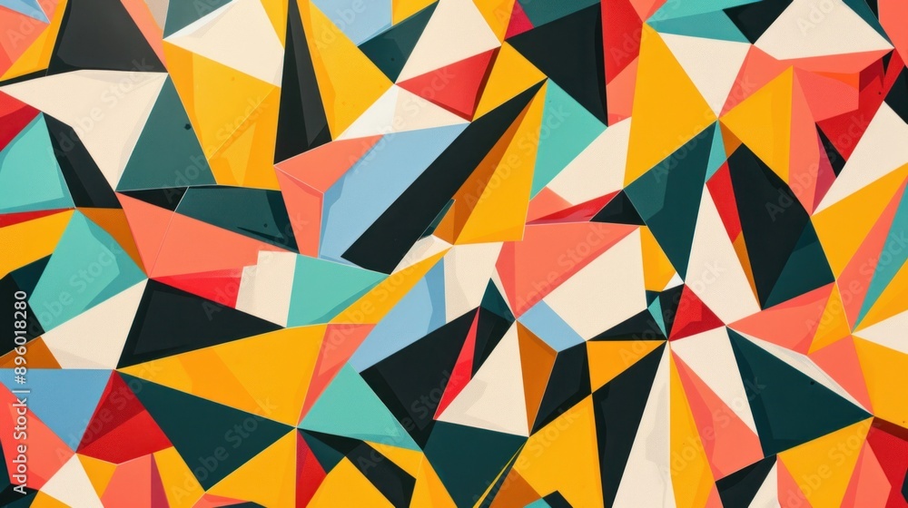 Poster a bold and graphic pattern of overlapping triangles, each filled with a contrasting color, exuding e