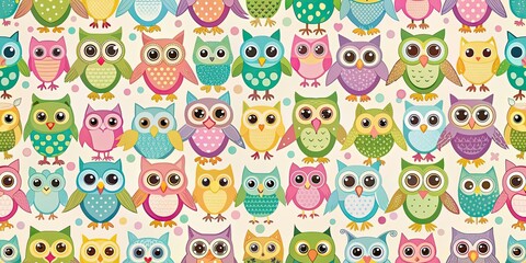 Obraz premium Seamless pattern featuring cute owls in various poses and colors, owls, animals, bird, wildlife, nature, seamless