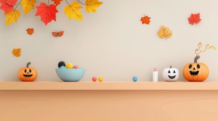 Cheerful autumn decor featuring pumpkins, colorful leaves, and a festive atmosphere perfect for Halloween celebrations.
