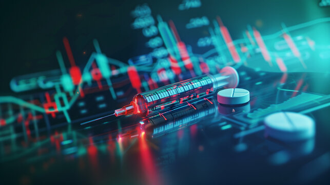 A sterile hypodermic needle and medicine pill drug placing on medical healthcare stock market chart.