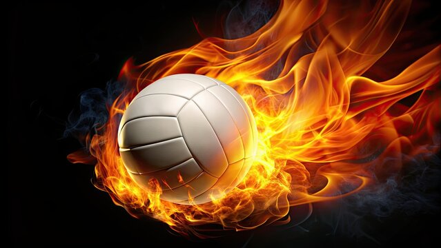 Volleyball engulfed in flames against a black background, volleyball, fire, flames, sports, competition, intensity, energy, movement