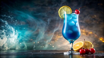 Hurricane glass of Blue Lagoon cocktail garnish with cherry and sliced lemon