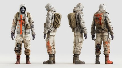 Fototapeta premium A detailed character model in survival gear, showcasing various angles with distinctive attire and accessories.