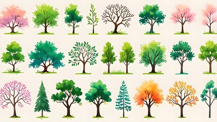 Watercolor wood collection. Hand drawn tree. Forest tree bag. White background. Generative AI.