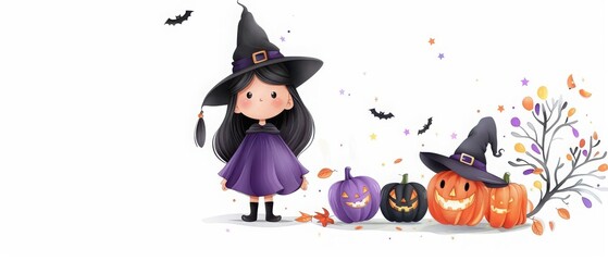 A cute witch in a purple dress beside colorful pumpkins. Perfect for Halloween-themed designs and festive illustrations.