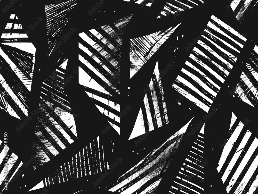 Poster a hand-drawing pattern of black and white lines in the form of triangles, chevron and zigzag style.