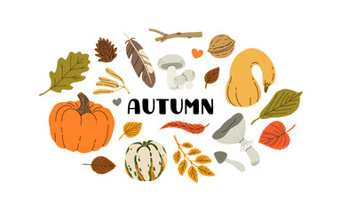 Autumn hand drawn vector background with leaves, mushrooms, berries, seeds, acorn. Autumn gifts decorative tag, sticker, card. Fall designed frame.