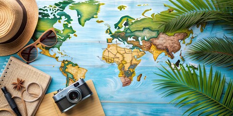 Summer holiday trip planning with travel accessories and map on a tropical background, vacation, holiday, travel, planning