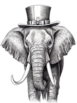 recommend clip art: Black and white Vintage engraved art of an elephant in a bowler hat and vest, isolated on white background, ink sketch illustration, simple vector art design, highly detailed line art, high contrasty