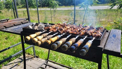 Cooking shashlik on coals