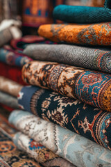 Fototapeta premium Traditional Stack of Vibrant Woven Rugs Displaying Intricate Patterns and Rich Colors
