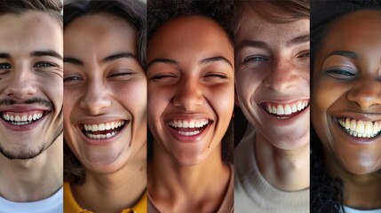 Fototapeta premium Collage showcasing a diverse group of individuals, each radiating joy and positivity through their genuine smiles